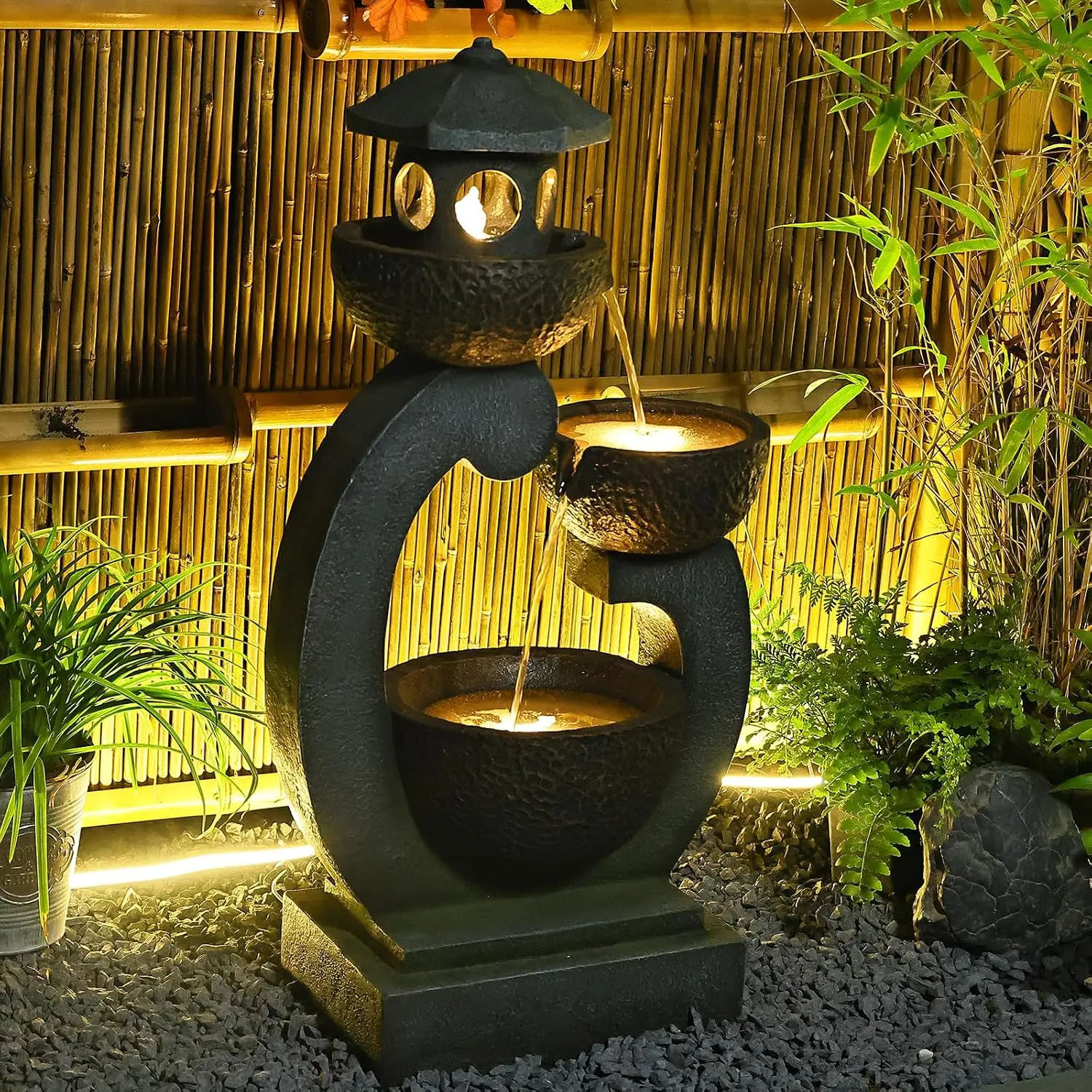 Outdoor Zen Lighting - Water Fountain Outdoor Zen Feature -